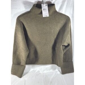 Mango MNG Women's High Neck Ribbed Crop Botonet Sweater - Olive Green - XS